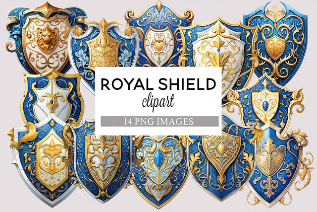 Blue & Gold Royal Knight Shields Clipart - 13 PNG Images Sublimation BijouBay 