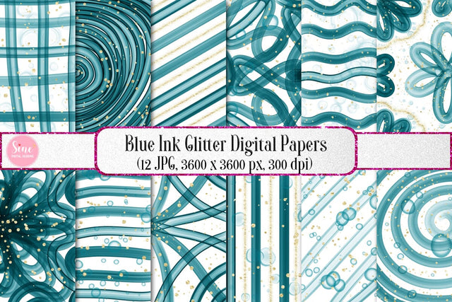 Blue Ink Glitter Digital Papers Backgrounds Set Digital Pattern SineDigitalDesign 