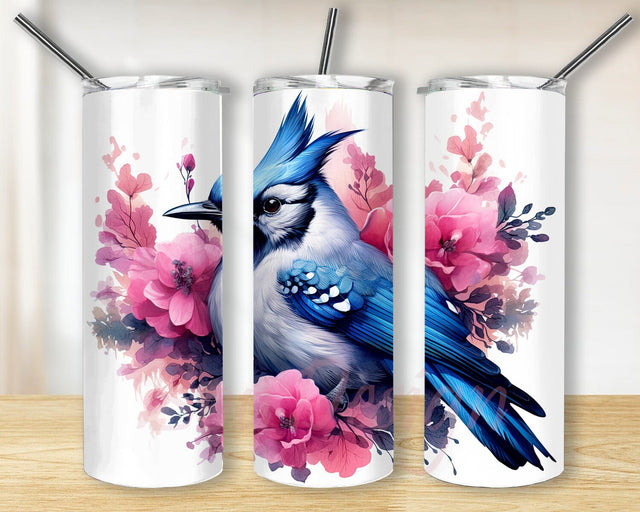 Blue Jay Bird Pink Flowers 20oz Skinny Tumbler Png, Beautiful Pink Flowers Png, Blue Jay Bird Tumbler, Glitter Blue Birds Png, Bird Sublimation Design, Instant Download Commercial Use Sublimation BouDesign 