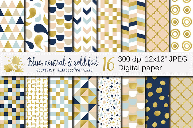 Blue, Neutral and Gold Foil Seamless Geometric Patterns Digital Pattern VR Digital Design 