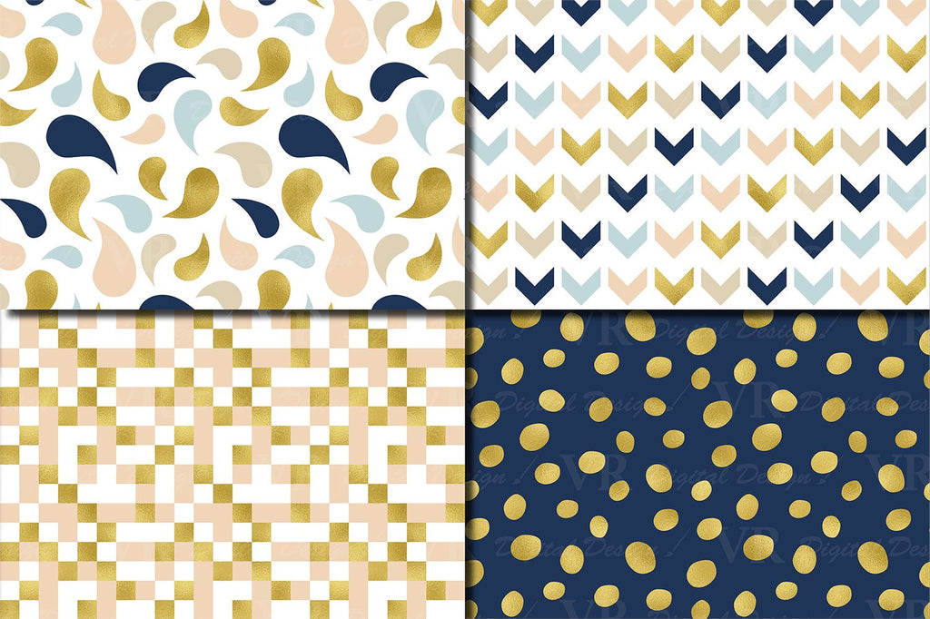 Neutral Blue Pattern Blue, Neutral and Gold Foil Seamless Geometric Patterns - So Fontsy