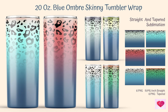 Blue Ombre Skinny Tumbler Wrap. Leopard Print Design Sublimation Kseniia designer 