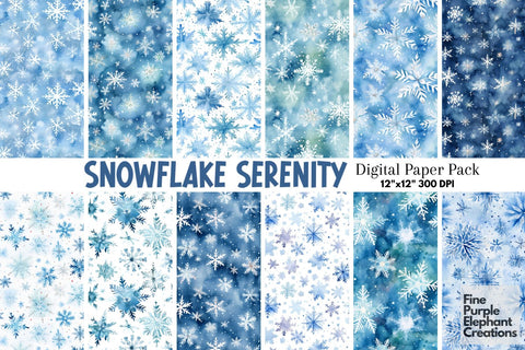 Blue Watercolor Snowflakes | Christmas Digital Pattern Fine Purple Elephant Creations 