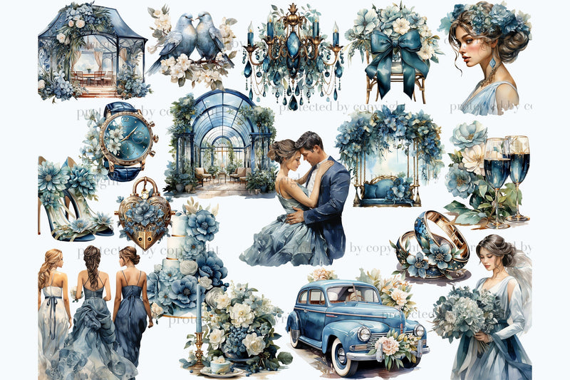 Blue Wedding Clipart Bundle | Marriage Illustration - So Fontsy