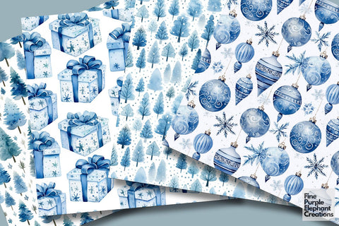Blue White Watercolor Christmas Digital Pattern Fine Purple Elephant Creations 