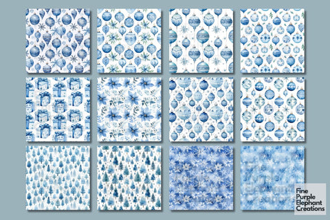 Blue White Watercolor Christmas Digital Pattern Fine Purple Elephant Creations 