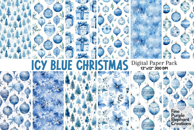 Blue White Watercolor Christmas Digital Pattern Fine Purple Elephant Creations 