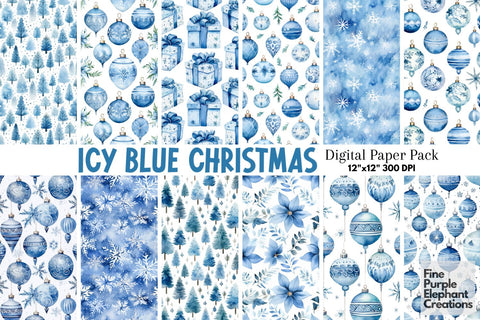 Blue White Watercolor Christmas Digital Pattern Fine Purple Elephant Creations 