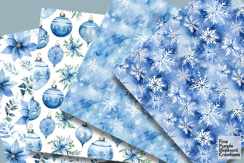 Blue White Watercolor Christmas Digital Pattern Fine Purple Elephant Creations 