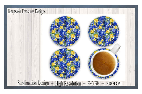 Bluebonnet and Yellow Roses, Coaster and Car Coaster Set, Lone Star State, PNG Sublimation Design, Digital Download, PNG Printable Sublimation Keepsake Treasures Designs LLC. 