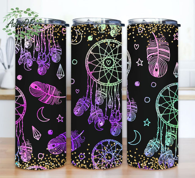 Boho 20 oz skinny tumbler sublimation design Rainbow watercolor dreamcatcher digital PNG design Sublimation AdriOP 