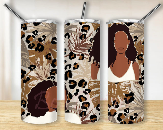Boho African American Woman Tumbler Design, Melanin Woman Tumbler Png, Leopard Leaves Tumbler Wrap, Black Woman Tumbler Template, Instant Download Sublimation BouDesign 