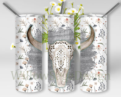 Boho Bull Skull Tumbler Template, Western Bull Skull 20oz Skinny Tumbler, Wildflowers Tumbler Wrap, Bull Skull Sublimation Design, Digital Download Sublimation WillowSageDesign 