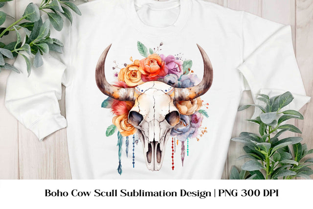 Boho Cow scull Sublimation Design. Flower Cow Scull PNG. Sublimation Samaha Design 