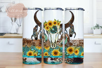 Boho Cow Skill Sunflowers Glitter Sublimation Design PNG 20 oz Skinny Tumbler, Western Country Tumbler 20oz Skinny Tumbler Sublimation Design Sublimation Rabbitmakies 