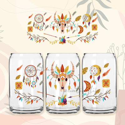 Boho cow skull 16 oz Libbey Glass Can Tumbler Sublimation Design, Western Skull Vintage Boho Rainbow 16 oz Waterslide digital png wrap template design Sublimation PrintingLife 