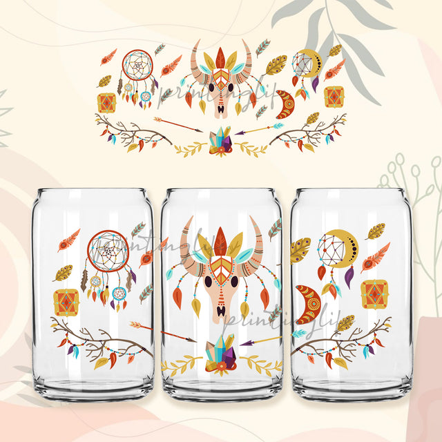 Boho cow skull 16 oz Libbey Glass Can Tumbler Sublimation Design, Western Skull Vintage Boho Rainbow 16 oz Waterslide digital png wrap template design Sublimation PrintingLife 