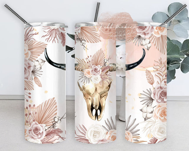 Boho Cow Skull 20oz Skinny Tumbler, Cow Skull Floral Tumbler Png, Boho Floral Tumbler Wrap, Boho Western Design for Straight, Instant Download Sublimation Rabbitmakies 
