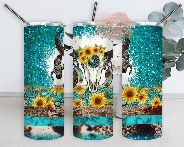 Boho Cow Skull Tembler Design, Western Cow Skull 20oz Tumbler Png, Sunflower Gemstone Design Png, Turquoise Glitter Tumbler Wrap, Western Tumbler Template, instant Download Sublimation Rabbitmakies 