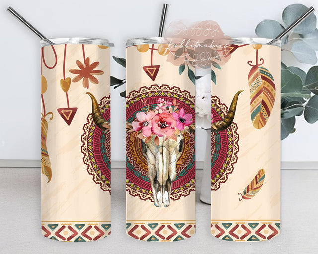 Boho Cow Skull Tumbler Design, Cow Skull Floral 20oz Skinny Tumbler, Aztec Feathers Tumbler Png, Boho Western Sublimation Design, Instant Download Sublimation Rabbitmakies 