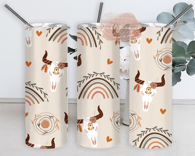 Boho Cow Skull Tumbler Png, Cow Skull 20oz Tumbler Design, Boho Rainbow Tumbler Wrap, Vintage Western Tumbler Template, Instant Download Sublimation Rabbitmakies 