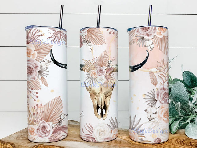 Boho Cow Skull Tumbler Wrap PNG, 20oz Boho Tumbler Wrap Sublimation Design Sublimation iStyleDesign 