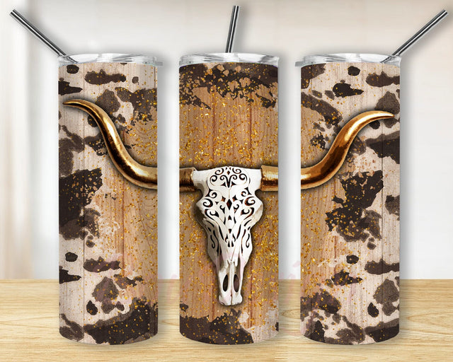 Boho Cow Skull Tummbler Png, Western Country 20oz Skinny Png, Cowhide Wood Glitter Tumbler Wrap, Western Cow Skull Tumbler, Instant Download Sublimation BouDesign 