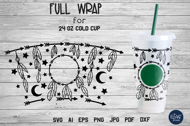 Boho Cup Wrap SVG, 24oz Cold Cup, Bohemian Full Wrap SVG. SVG Elinorka 