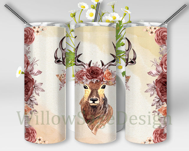 Boho Deer Flower 20oz Skinny Tumbler, Boho Deer Head Tumbler Png, Boho Floral Design Tumbler, Boho Tumbler Wrap, Deer Sublimation Design, Instant Download Sublimation WillowSageDesign 