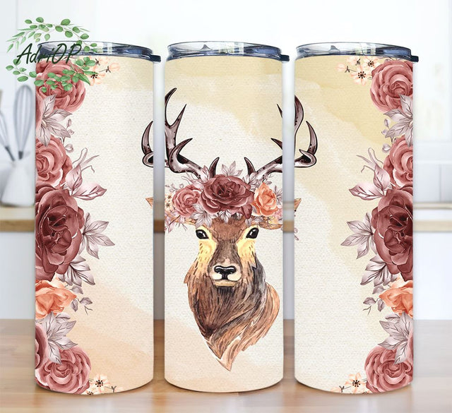 Boho Deer Flower Tumbler Wrap PNG, 20oz Tumbler Wrap Sublimation AdriOP 