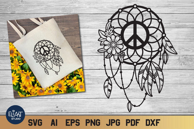 Boho Dreamcatcher SVG, Dream Catcher with Feathers and Peace Sign. SVG Elinorka 