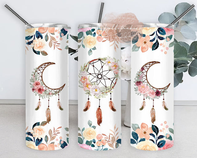 Boho Dreamcatcher Tumbler Design, Dreamcatcher Floral 20oz Skinny Tumbler, Floral Tumbler Wrap, Dreamcatcher Design With Lid And Straw, Digital Download Sublimation Rabbitmakies 