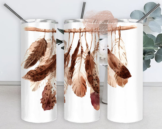 Boho Feathers 20oz Tumbler Template, Watercolor Feathers Tumbler Wrap, Boho Tumbler Design, Feathers With Lid And Straw, Digital Download Sublimation Rabbitmakies 