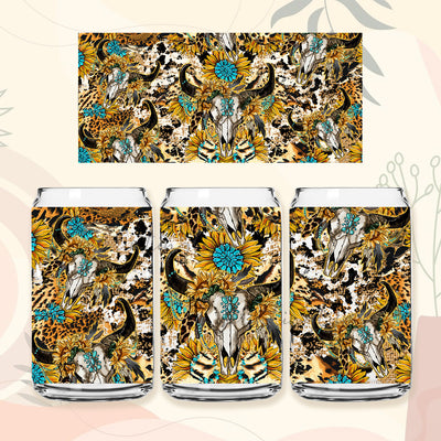 Boho Feathers Bull Skull 16oz Libbey Glass Png, 16oz Libbey Cup,Glass Can Wrap, Boho Design Png, Sunflower Png, Digital Download PNG Sublimation PrintingLife 
