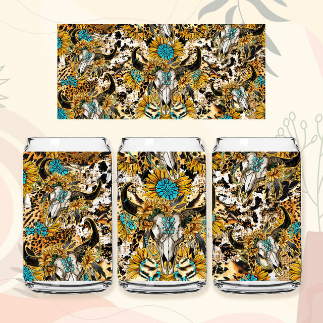 Boho Feathers Bull Skull 16oz Libbey Glass Png, 16oz Libbey Cup,Glass Can Wrap, Boho Design Png, Sunflower Png, Digital Download PNG Sublimation PrintingLife 