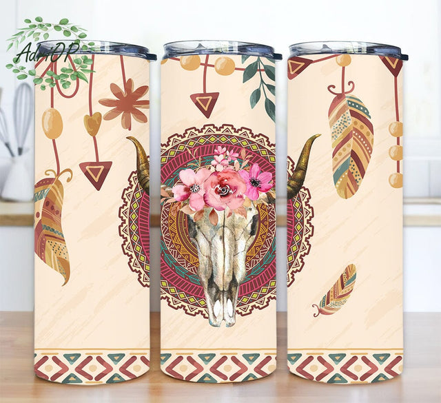 Boho Floral Cow Skull Western 20oz Skinny Tumbler Png, Boho Feathers Border, Cow Skull Tumbler, Floral Cow Tumbler, Cow Skull Country Tumbler Wrap Sublimation AdriOP 