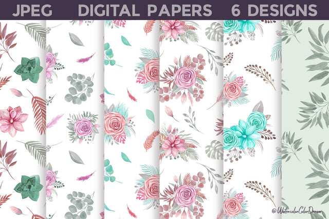 Boho Floral Digital Papers | Flower Digital Papers Bundle Digital Pattern WatercolorColorDream 