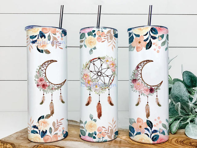 Boho floral dream catcher tumbler design, bohemian tumbler design, boho, Seamless, sublimation, 20 oz skinny straight tumbler png Sublimation iStyleDesign 
