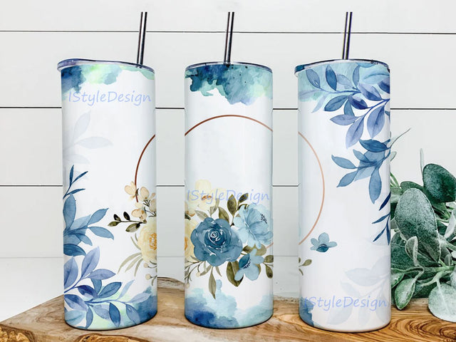 Boho Floral Frame Tumbler Sublimation Design Blue Floral Watercolor Skinny Tumbler Wrap Tumbler PNG Sublimation iStyleDesign 