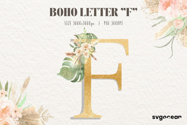 Boho Floral Letter F Sublimation SvgOcean 