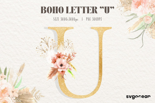 Boho Floral Letter U Sublimation SvgOcean 