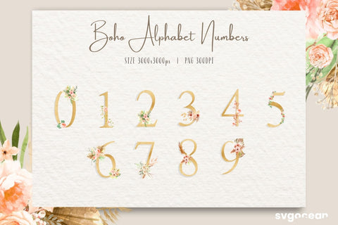 Boho Floral Numbers Watercolor Clipart Bundle Sublimation SvgOcean 