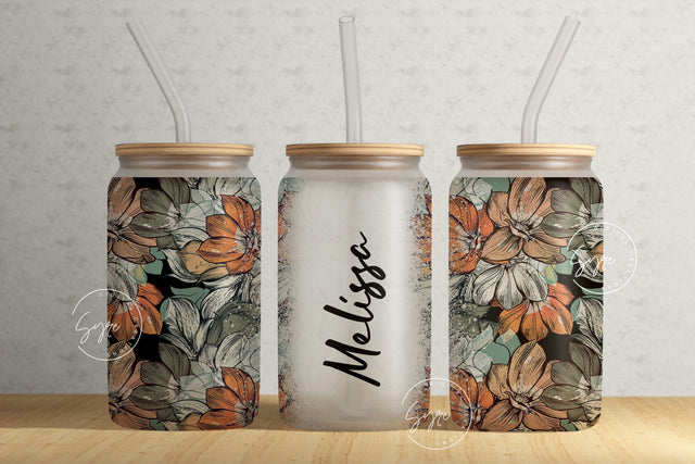Boho Floral Wrap, 16oz Libbey Glass Can Tumbler Sublimation Design, Add Your Name, Seamless Flower Sublimation Wrap, Flower Glass Can Design Sublimation Syre Digital Creations 
