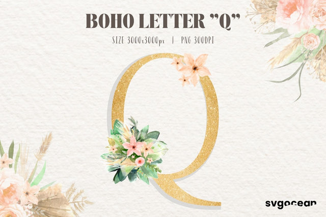 Boho Flower Letter Q Sublimation SvgOcean 