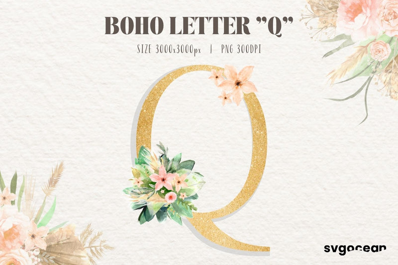 Boho Flower Letter Q Sublimation SvgOcean 