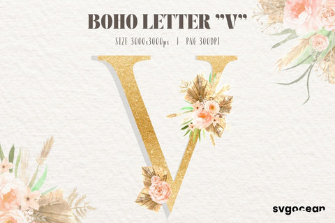 Boho Flower Letter V Sublimation SvgOcean 