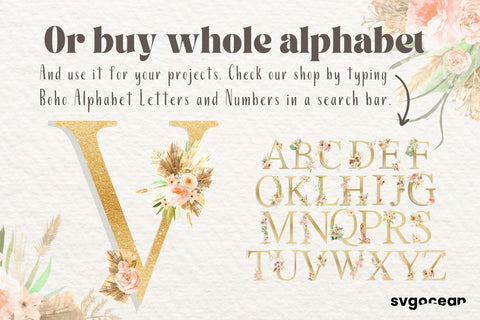 Boho Flower Letter V Sublimation SvgOcean 
