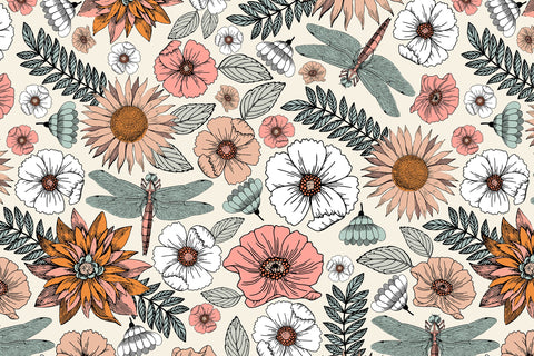 Boho Flowers And Dragonflies - Seamless Floral Pattern Digital Pattern Karma Genie Graphics 