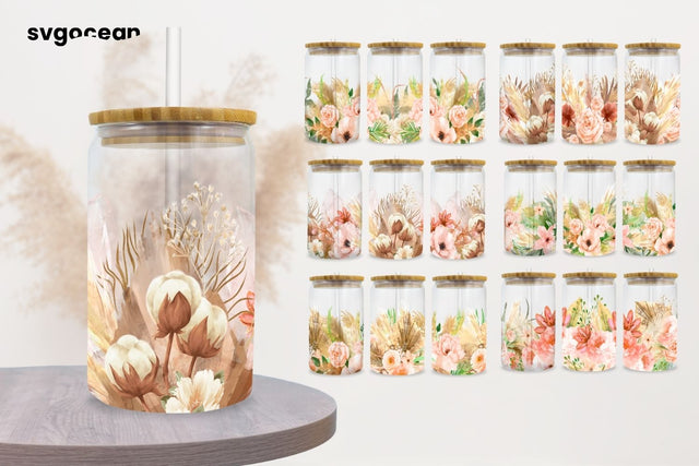 Boho Flowers Can Glass Wrap Sublimation Bundle Sublimation SvgOcean 