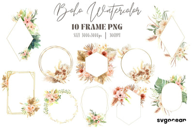 Boho Flowers Watercolor Frame Bundle Sublimation SvgOcean 